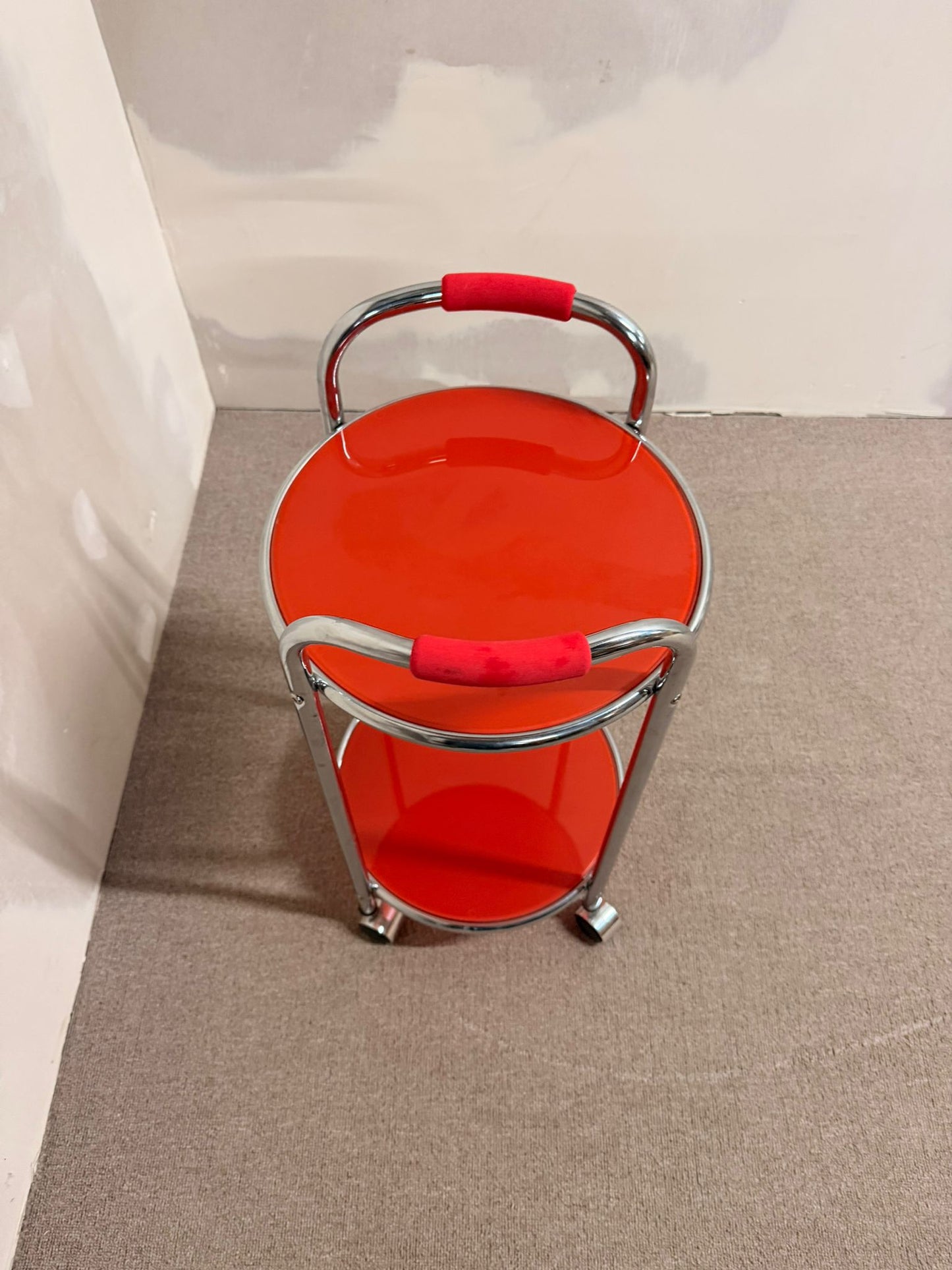 Vintage Servierwagen Teewagen, Chrom/Glas rot, 60er Jahre