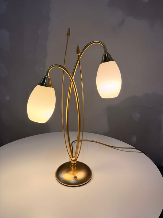 Vintage vergoldete Messing Tischlampe 2-flammig von Bankamp