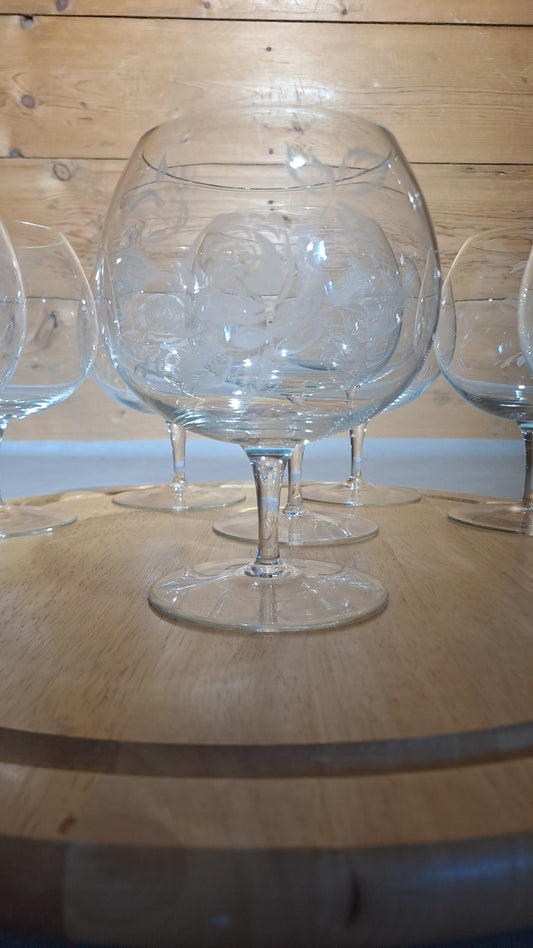 9er Set Vintage XXL Cognacgläser Rosendekor handgeschliffen