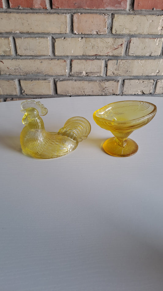 Vintage Bonboniere Hahn aus bernsteinfarbigem Glas