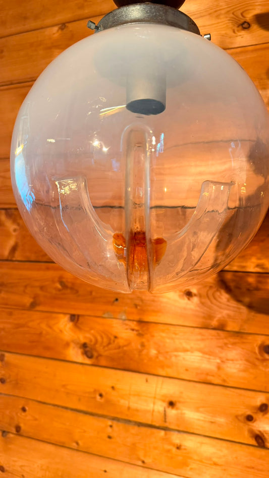 Italienische Mid-Century Hängelampe Opalglas Holz Kugellampe