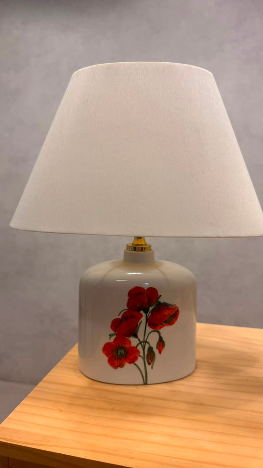 Vintage Keramik Tischlampe Mohnblumen Motiv & Stoffschirm