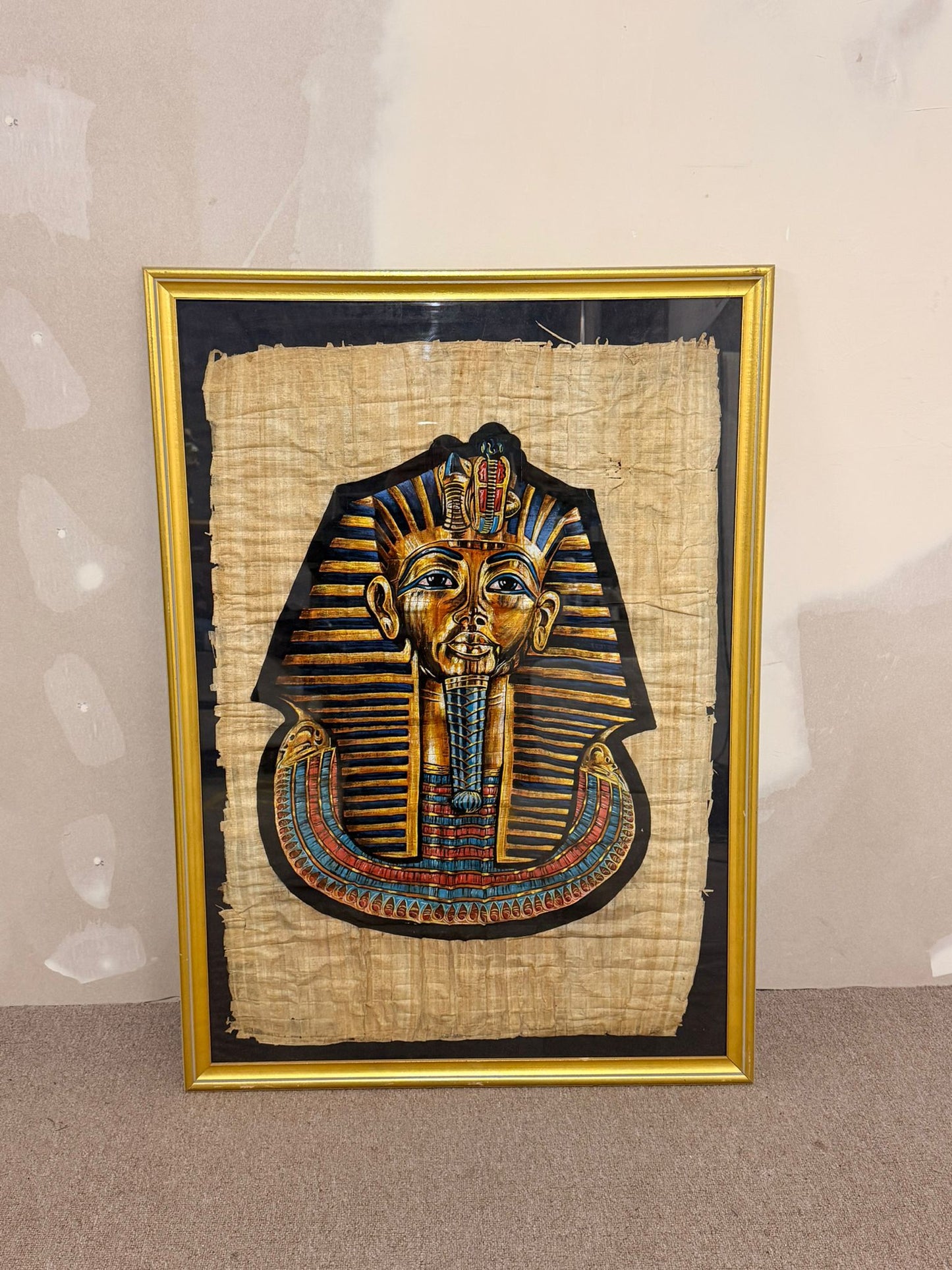 Pharao Tutanchamun Maske Bild auf Papyrus, Rahmen goldfarbig