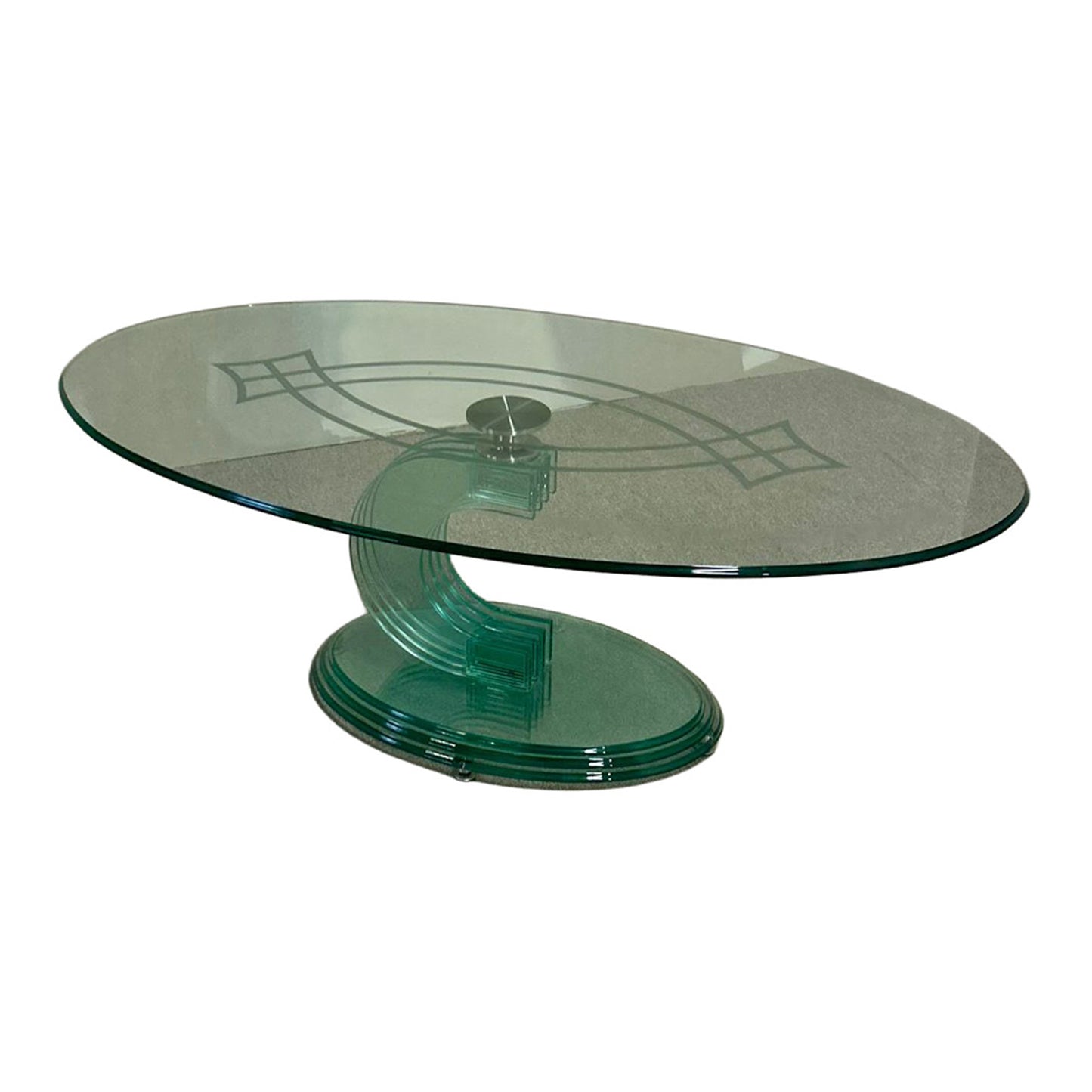 Ovaler designer Couch Tisch Glas grün Vintage 80er, massiv