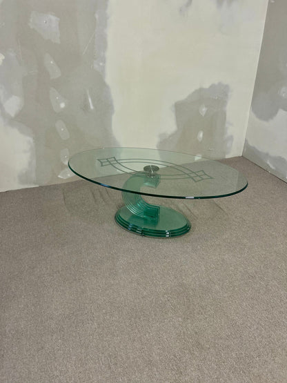Ovaler designer Couch Tisch Glas grün Vintage 80er, massiv