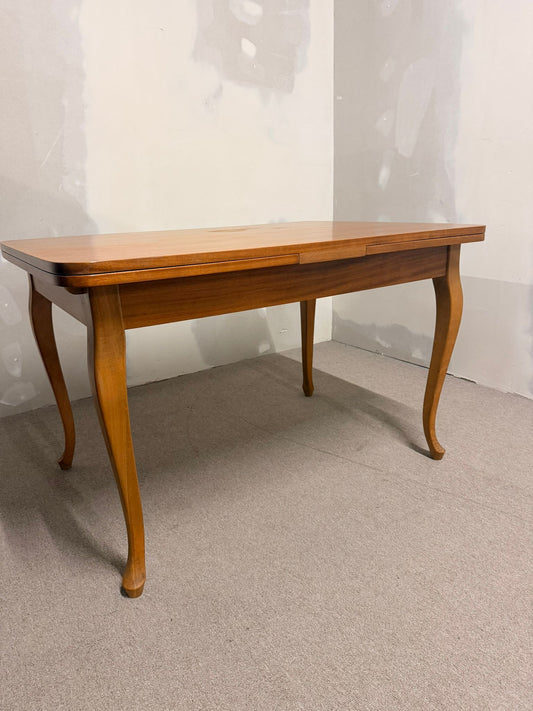 Vintage ausziehbarer Esstisch aus Holz, geschwungene Beine