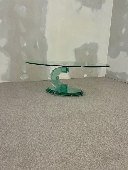 Ovaler designer Couch Tisch Glas grün Vintage 80er, massiv