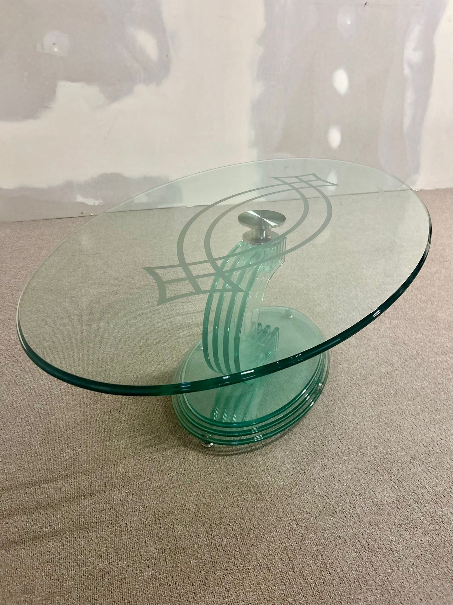 Ovaler designer Couch Tisch Glas grün Vintage 80er, massiv