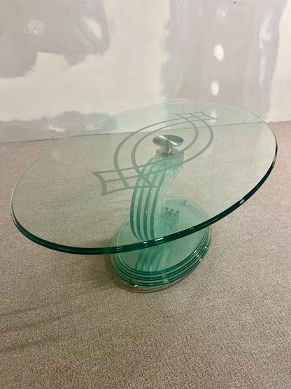 Ovaler designer Couch Tisch Glas grün Vintage 80er, massiv