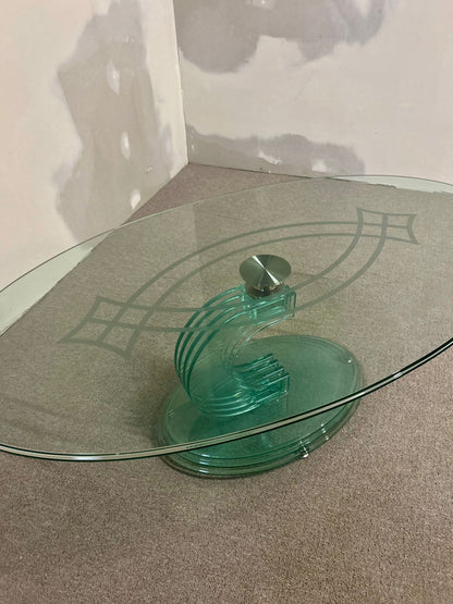 Ovaler designer Couch Tisch Glas grün Vintage 80er, massiv