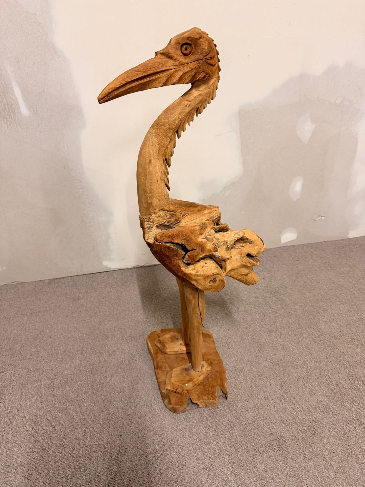 Handgeschnitzte Holzskulptur, Pelikan/Reiher, Teakholz