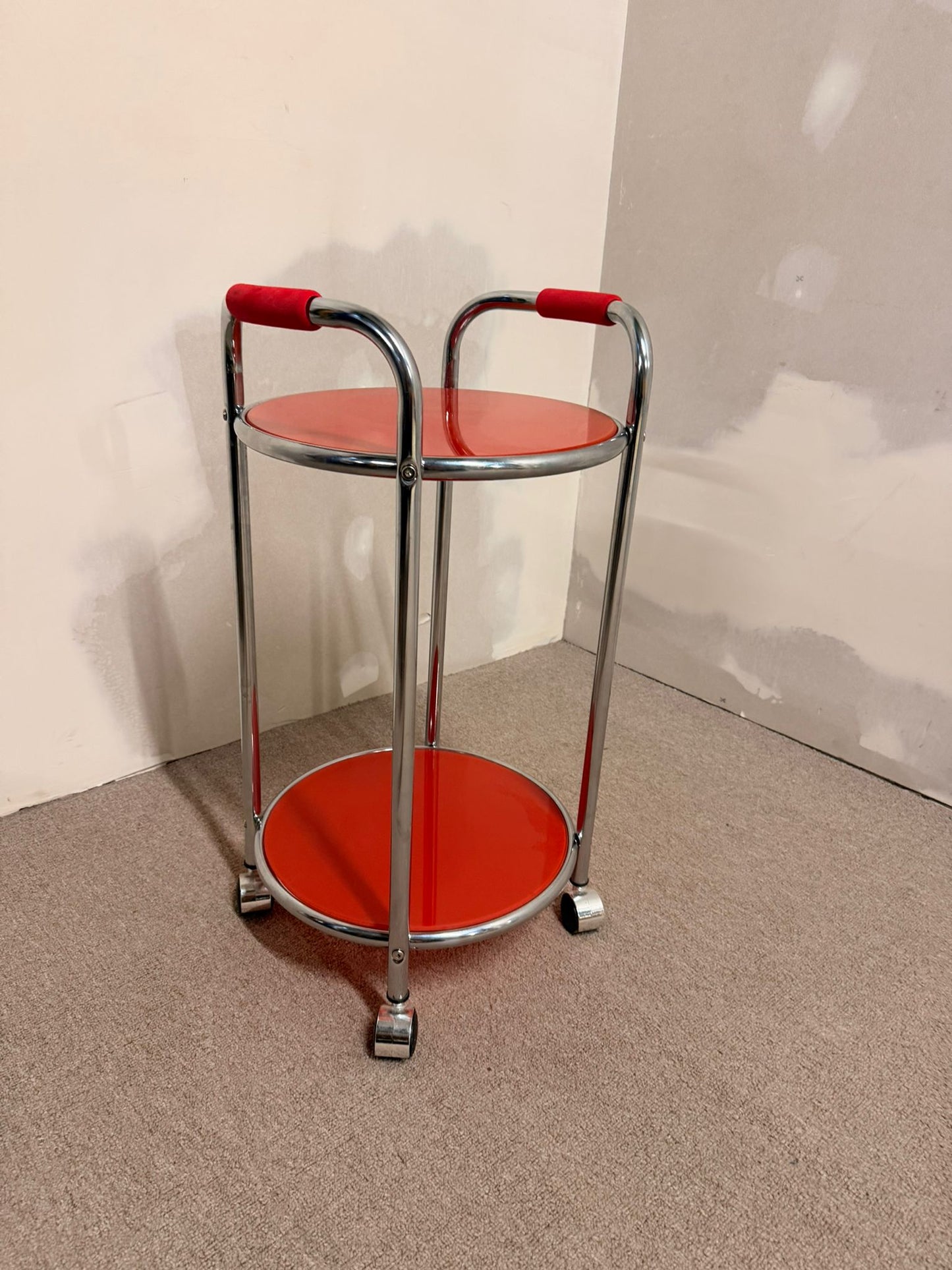 Vintage Servierwagen Teewagen, Chrom/Glas rot, 60er Jahre