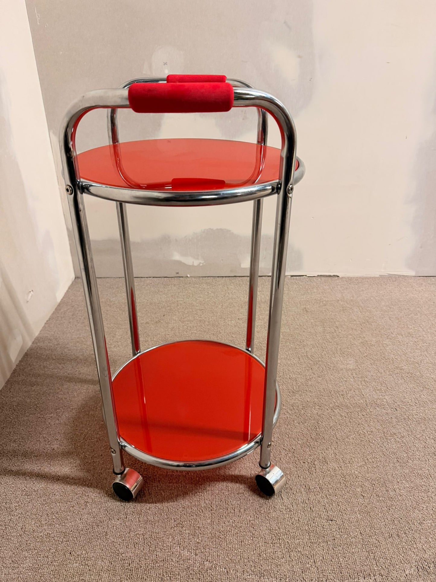 Vintage Servierwagen Teewagen, Chrom/Glas rot, 60er Jahre