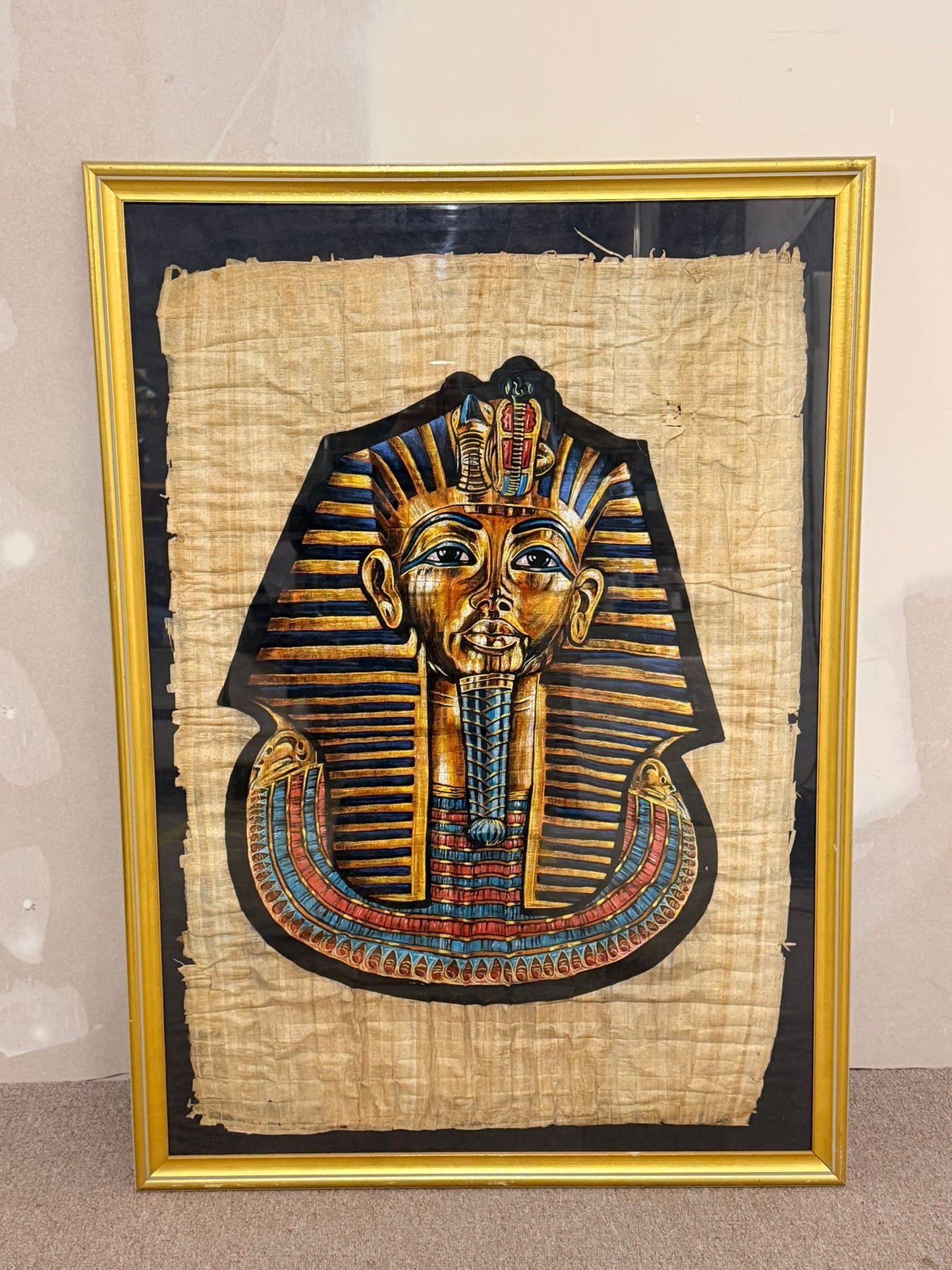 Pharao Tutanchamun Maske Bild auf Papyrus, Rahmen goldfarbig
