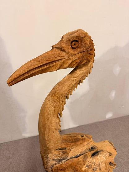 Handgeschnitzte Holzskulptur, Pelikan/Reiher, Teakholz