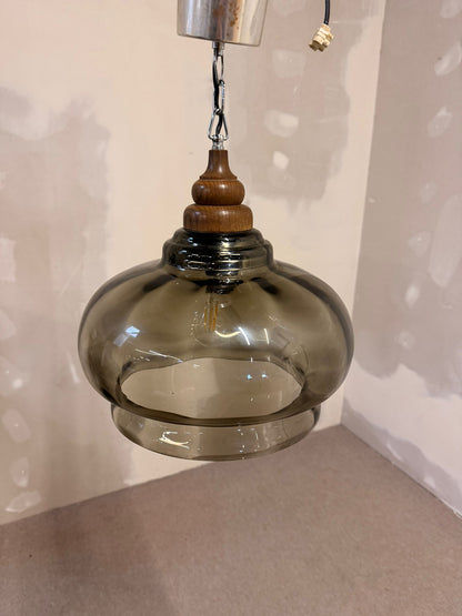 Vintage Glas Pendelleuchte retro Hängelampe mit Holzdetails
