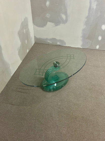Ovaler designer Couch Tisch Glas grün Vintage 80er, massiv