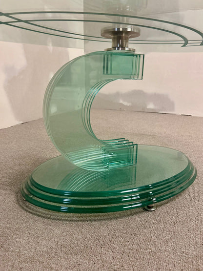 Ovaler designer Couch Tisch Glas grün Vintage 80er, massiv