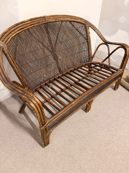 Vintage Rattan Bambus Sofa Couch mit Kissen, Sitzbank