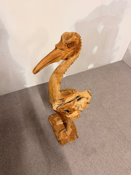 Handgeschnitzte Holzskulptur, Pelikan/Reiher, Teakholz
