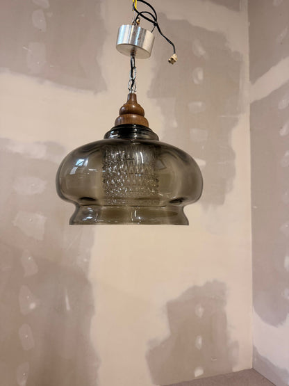 Vintage Glas Pendelleuchte retro Hängelampe mit Holzdetails