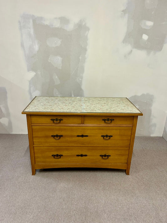 Mid Century Holz Kommode mit 4 Schubladen Vintage Glasplatte