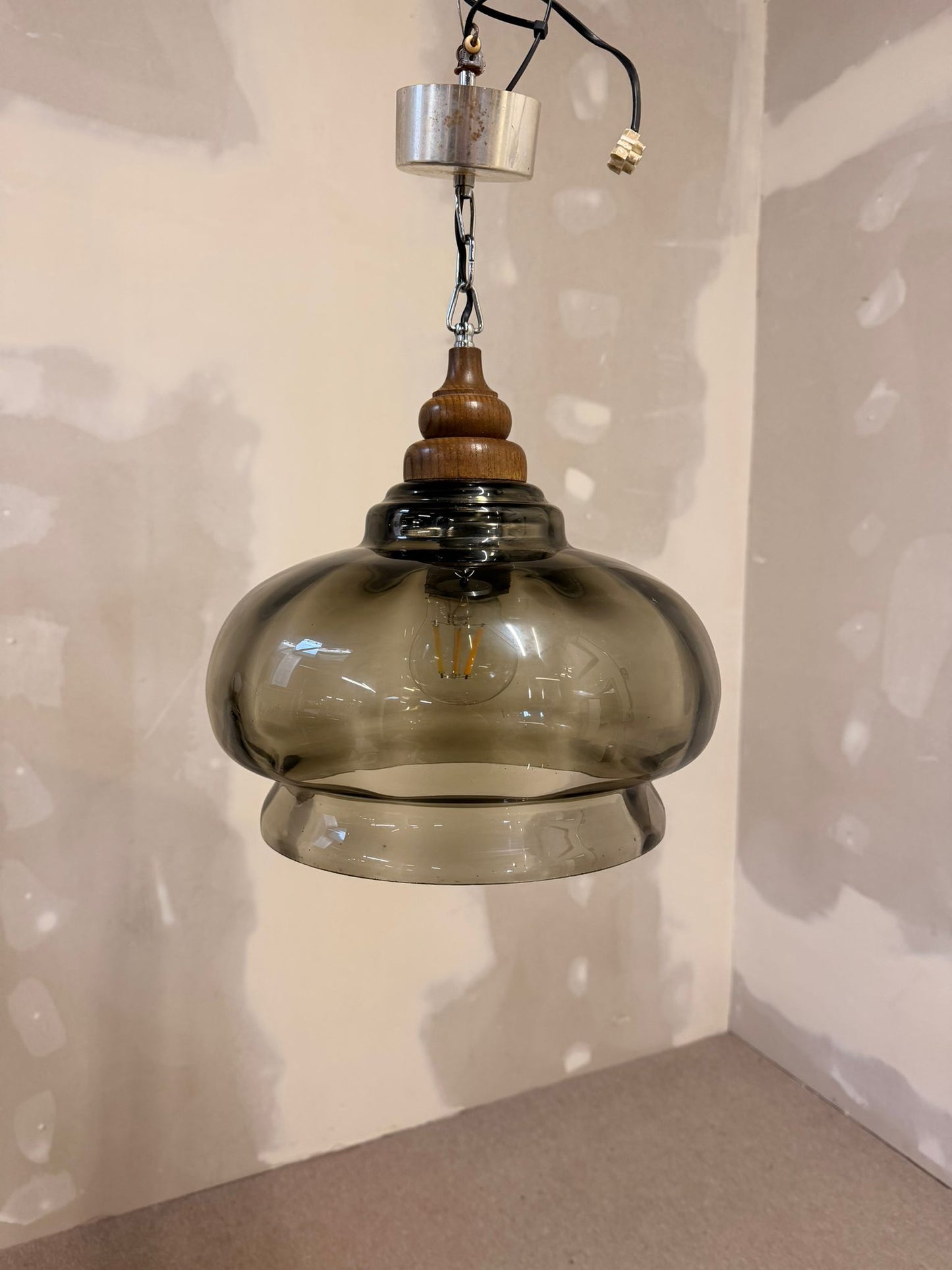 Vintage Glas Pendelleuchte retro Hängelampe mit Holzdetails