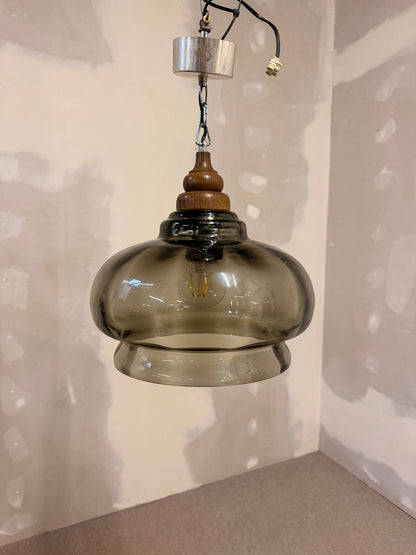Vintage Glas Pendelleuchte retro Hängelampe mit Holzdetails