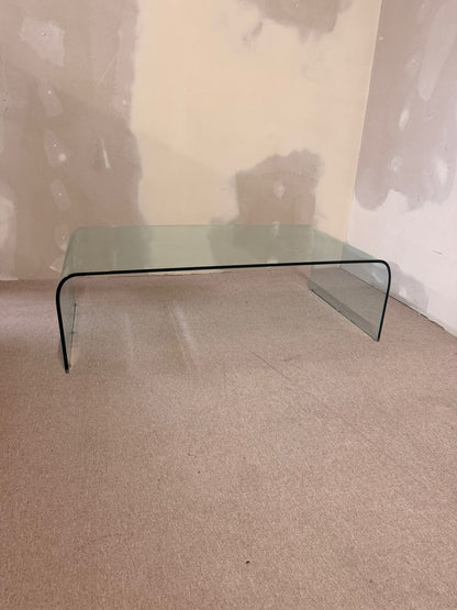 Minimalistischer Mid Century Glastisch, gebogener Glasplatte