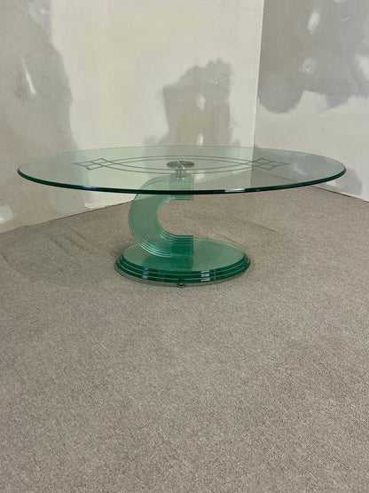 Ovaler designer Couch Tisch Glas grün Vintage 80er, massiv