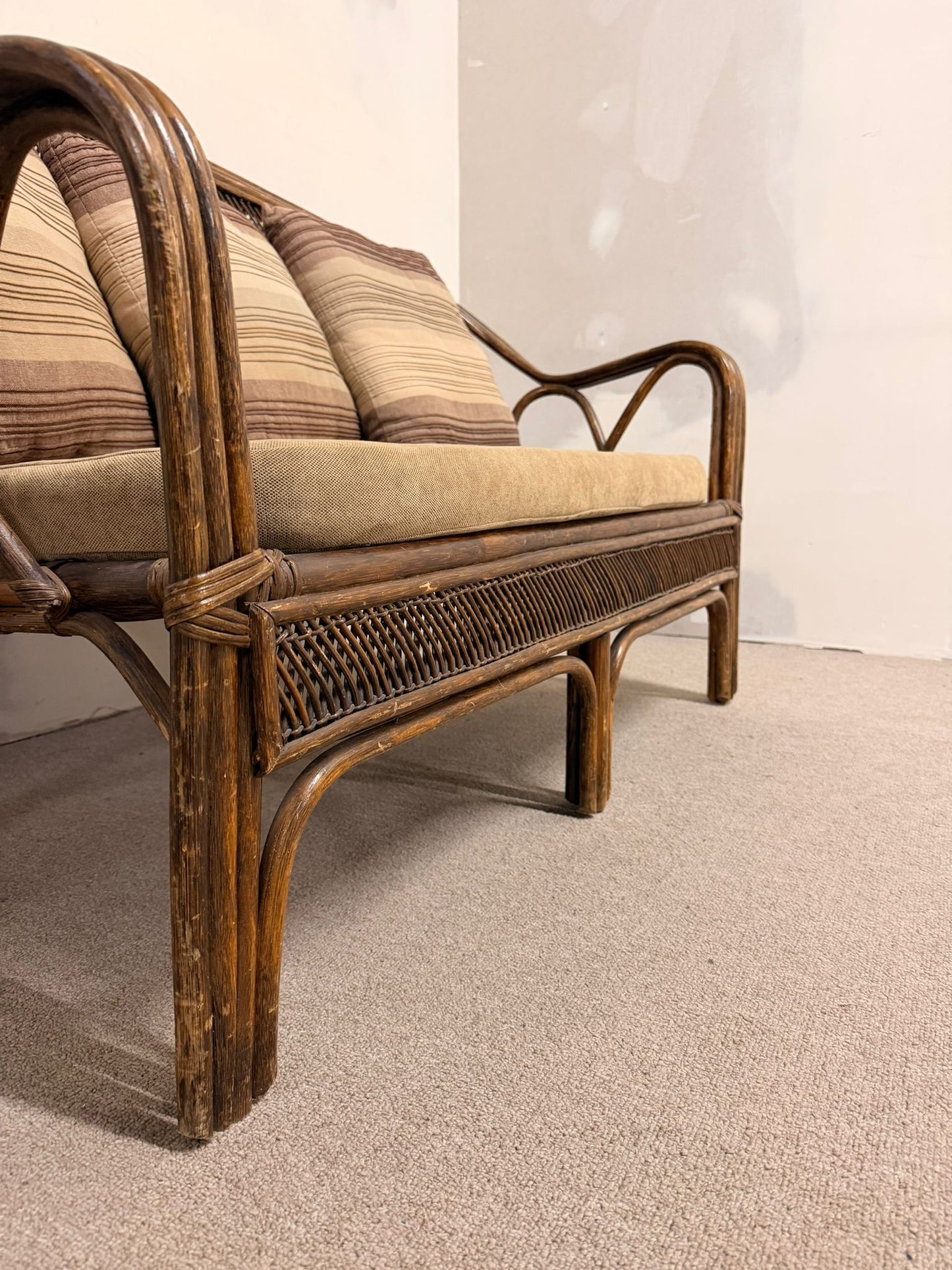 Vintage Rattan Bambus Sofa Couch mit Kissen, Sitzbank