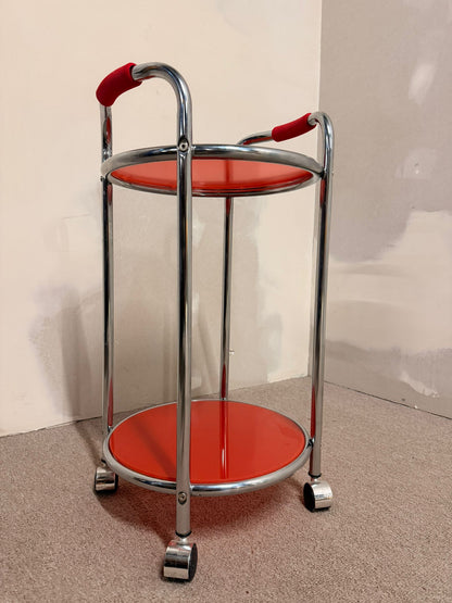 Vintage Servierwagen Teewagen, Chrom/Glas rot, 60er Jahre