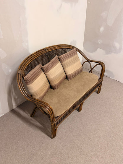 Vintage Rattan Bambus Sofa Couch mit Kissen, Sitzbank
