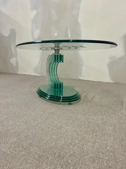 Ovaler designer Couch Tisch Glas grün Vintage 80er, massiv
