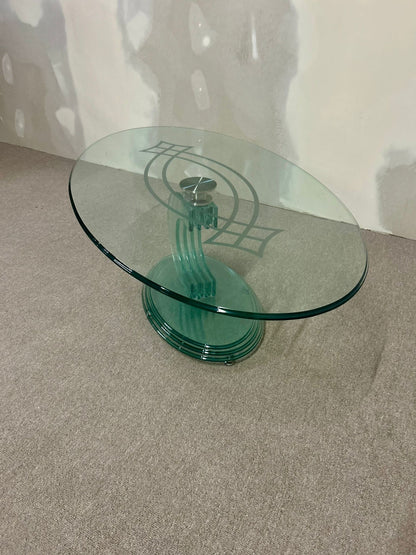 Ovaler designer Couch Tisch Glas grün Vintage 80er, massiv