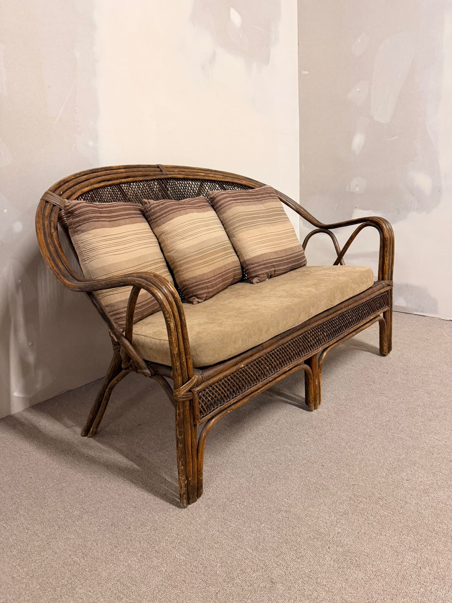 Vintage Rattan Bambus Sofa Couch mit Kissen, Sitzbank