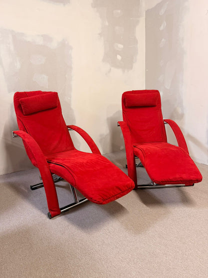 Vintage Designer Liegestühle rote Polster, Relaxsessel