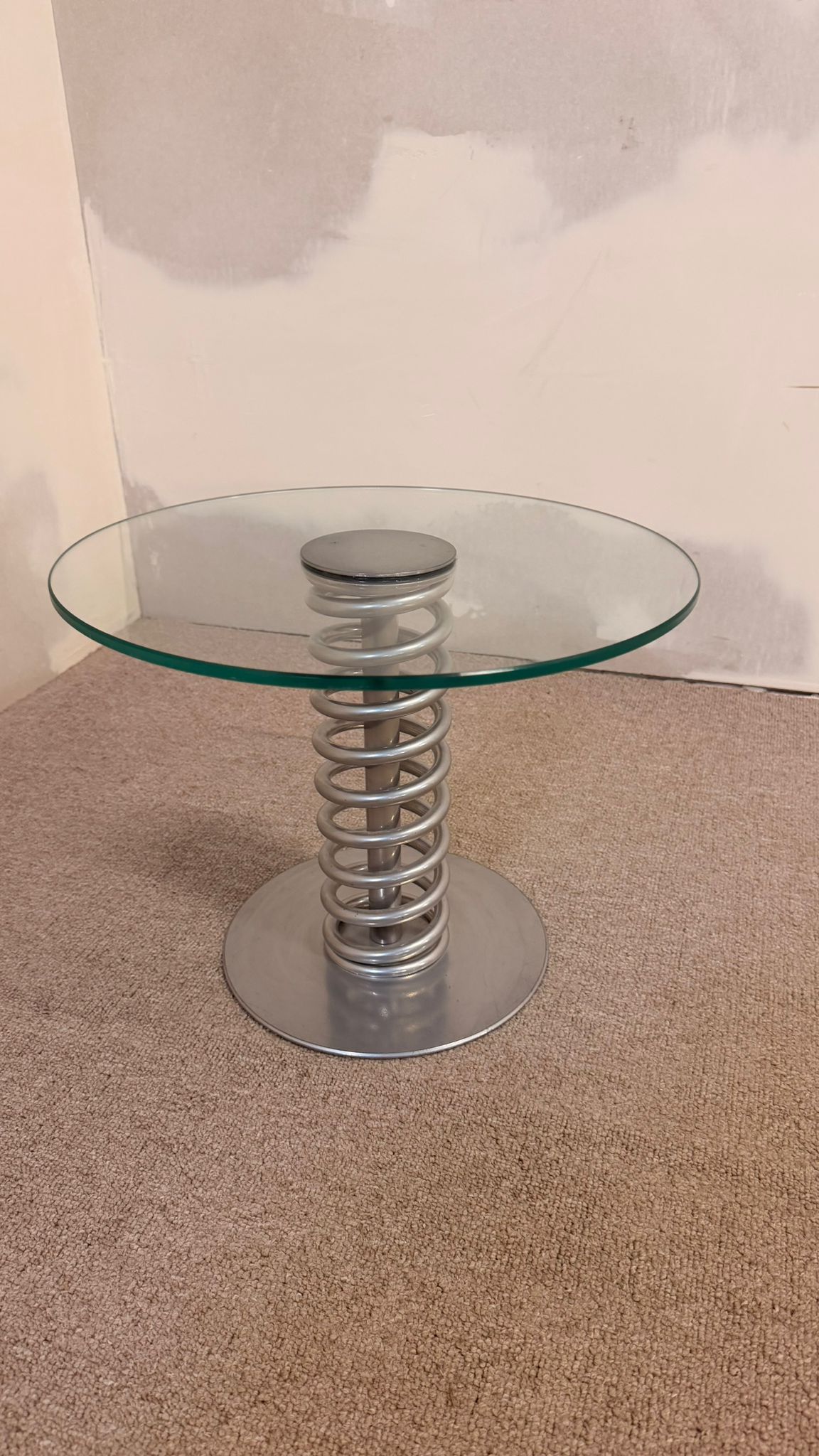 Space Age Beistelltisch Couchtisch aus Glas mit Spiralfeder