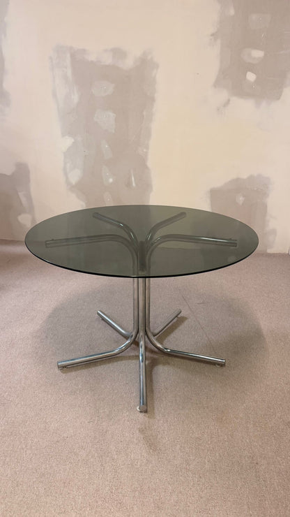 Runder Glastisch mit Rauchglasplatte im Space Age Stil 70er