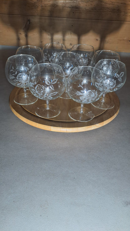 9er Set Vintage XXL Cognacgläser Rosendekor handgeschliffen