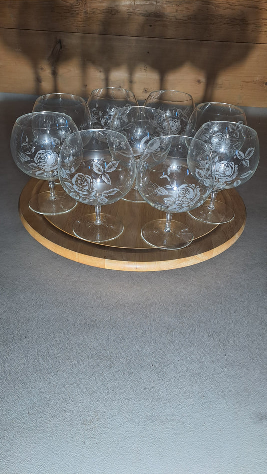 9er Set Vintage XXL Cognacgläser Rosendekor handgeschliffen