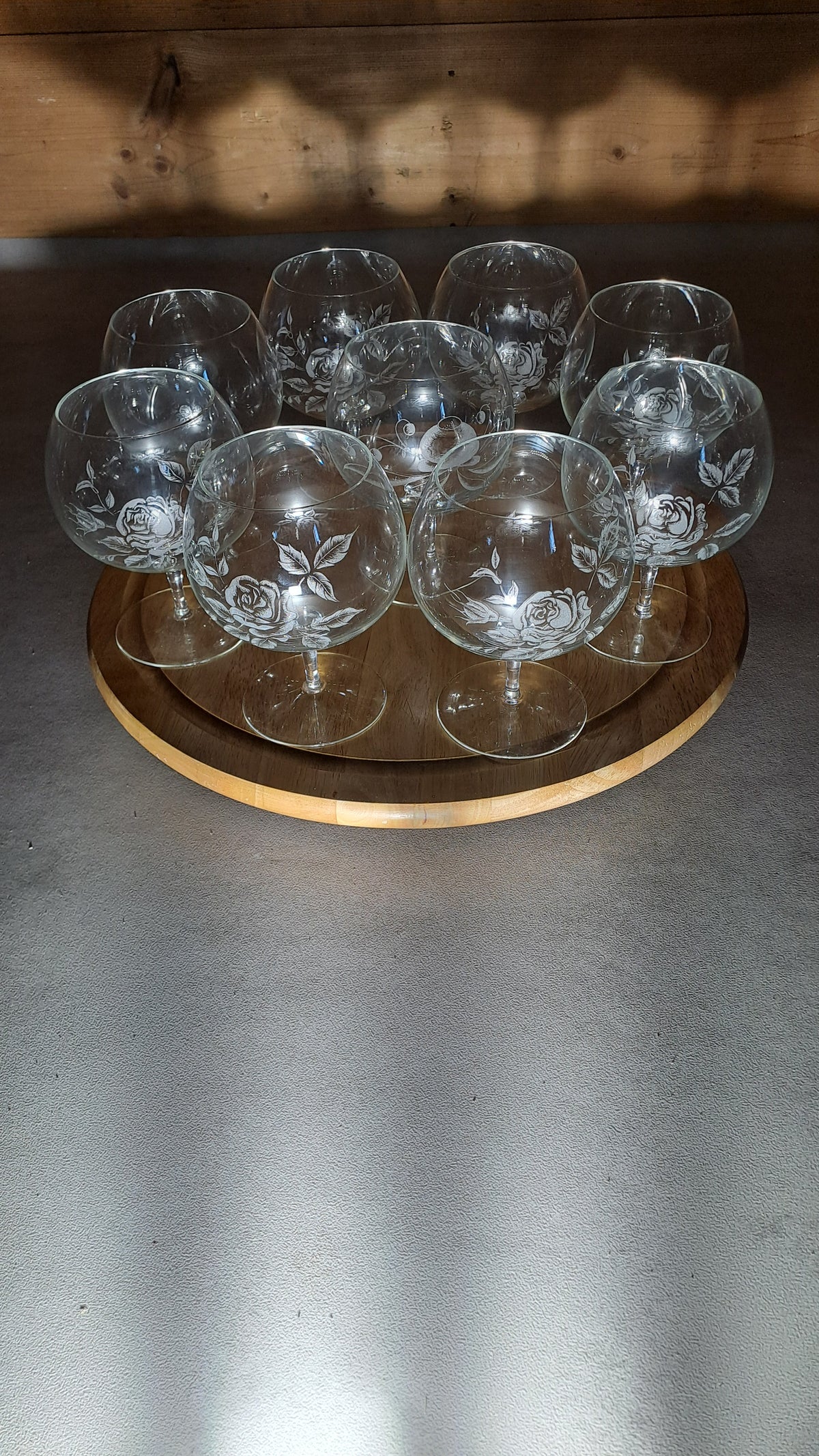 9er Set Vintage XXL Cognacgläser Rosendekor handgeschliffen