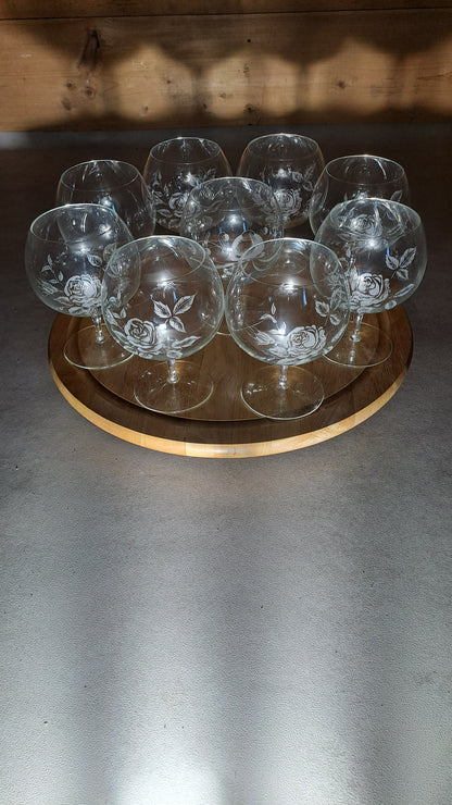 9er Set Vintage XXL Cognacgläser Rosendekor handgeschliffen