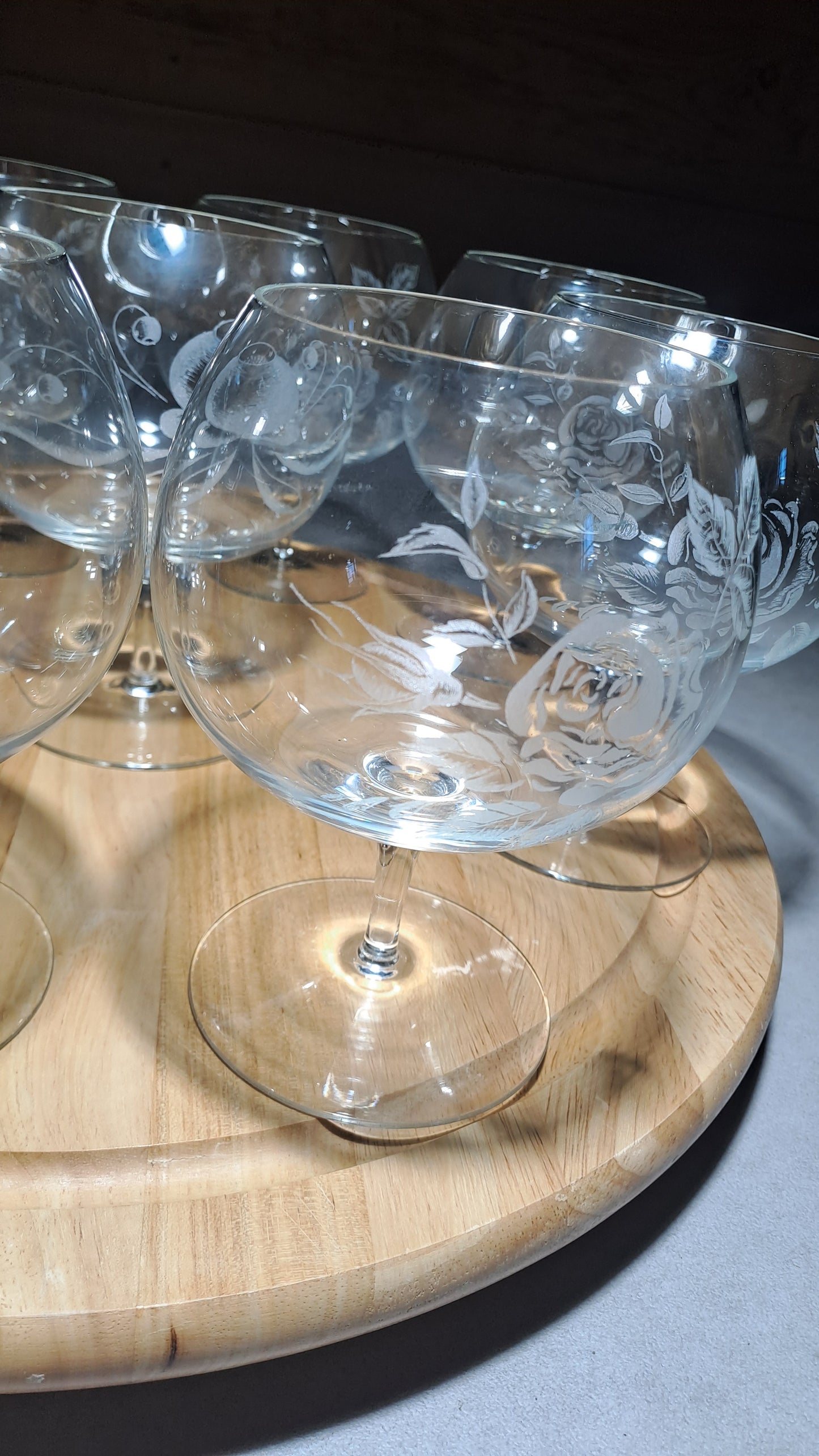 9er Set Vintage XXL Cognacgläser Rosendekor handgeschliffen