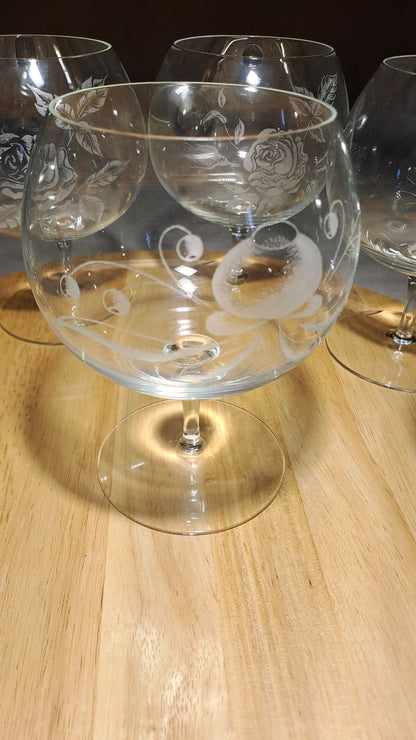 9er Set Vintage XXL Cognacgläser Rosendekor handgeschliffen