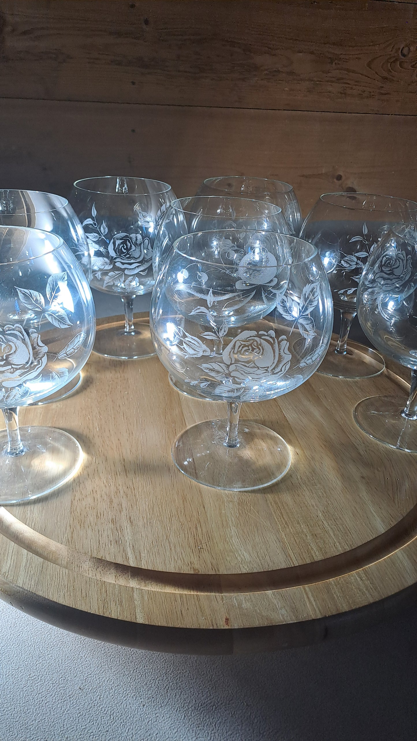9er Set Vintage XXL Cognacgläser Rosendekor handgeschliffen