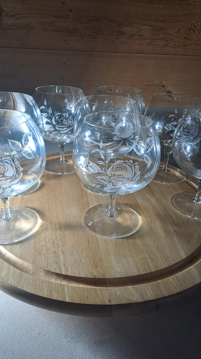9er Set Vintage XXL Cognacgläser Rosendekor handgeschliffen