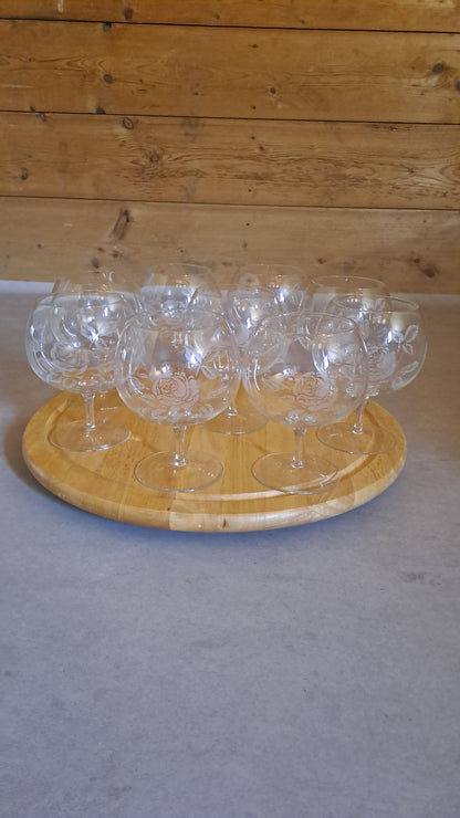 9er Set Vintage XXL Cognacgläser Rosendekor handgeschliffen