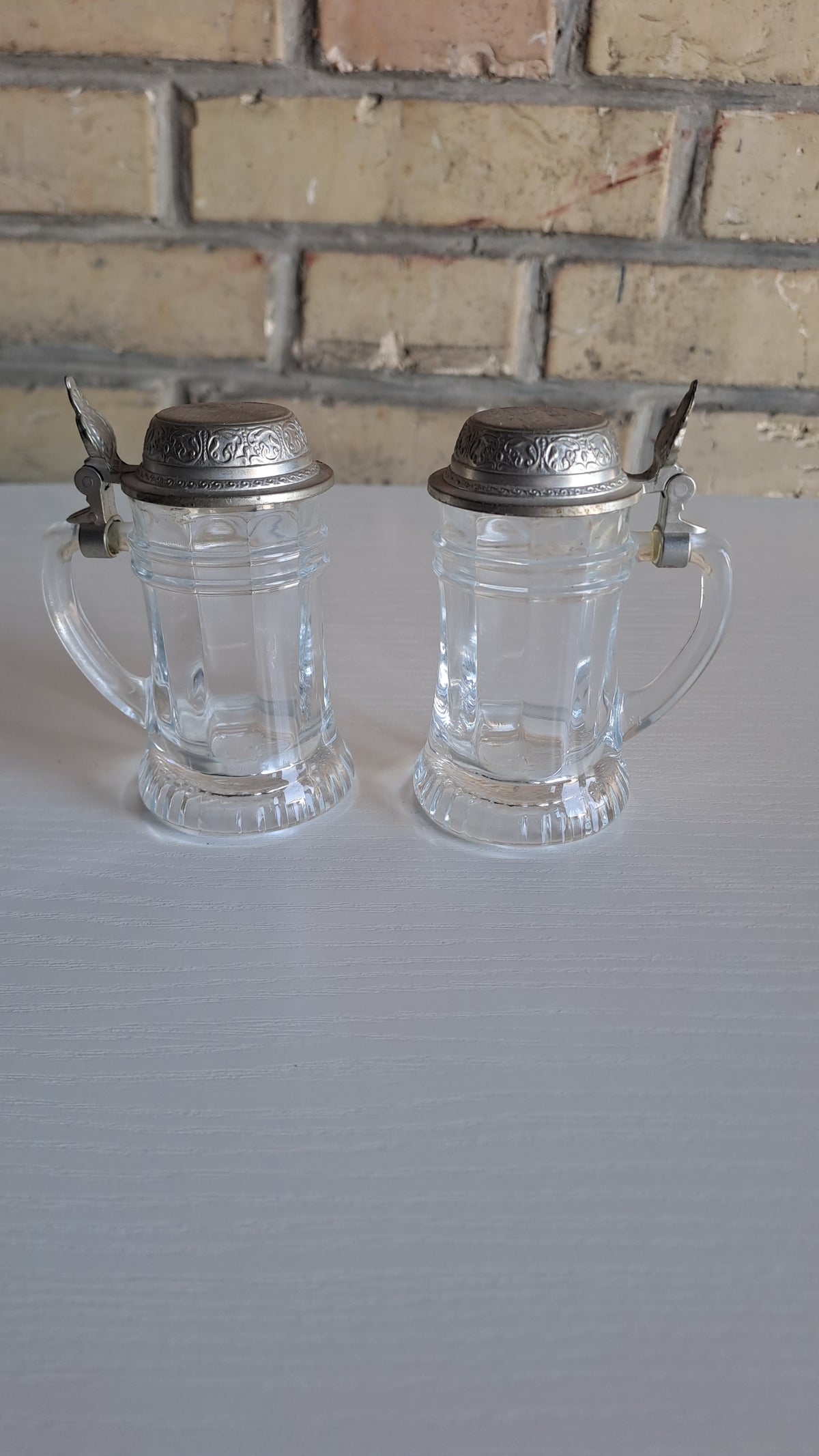 2er Set Vintage Mini Bierkrüge Glas mit Zinndeckel