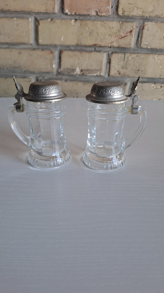 2er Set Vintage Mini Bierkrüge Glas mit Zinndeckel